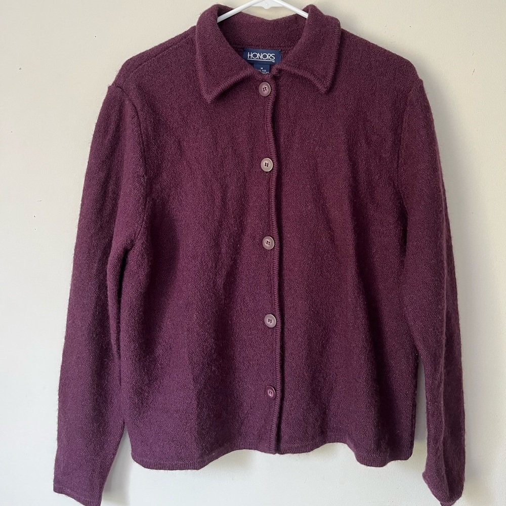 100% wool purple HONORS button up sweater with collar